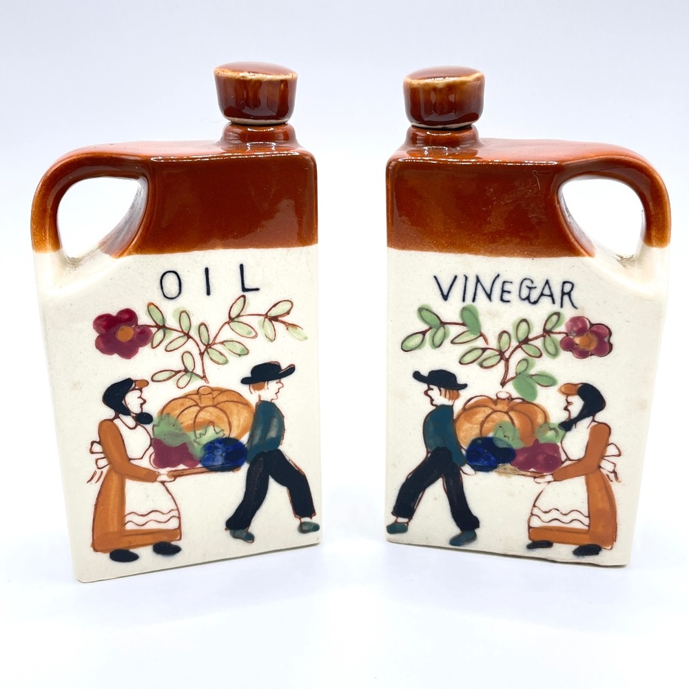Vi Tage Japan Oil and Vinegar Bottles Amish Harvest Hand Painted Set